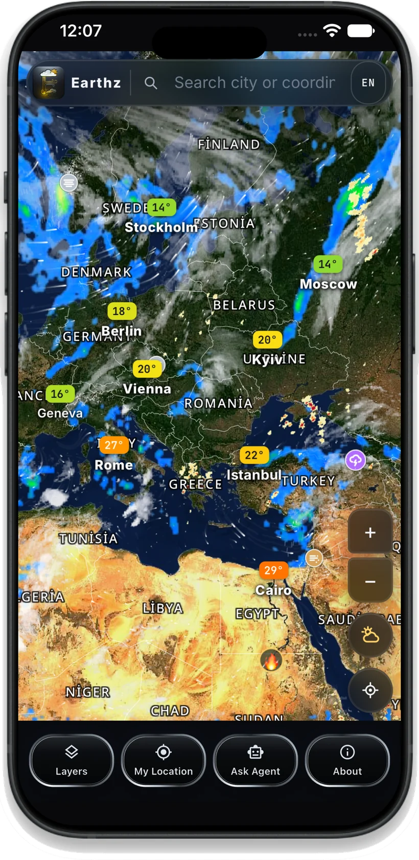 Earthz mobile app showing the live weather map